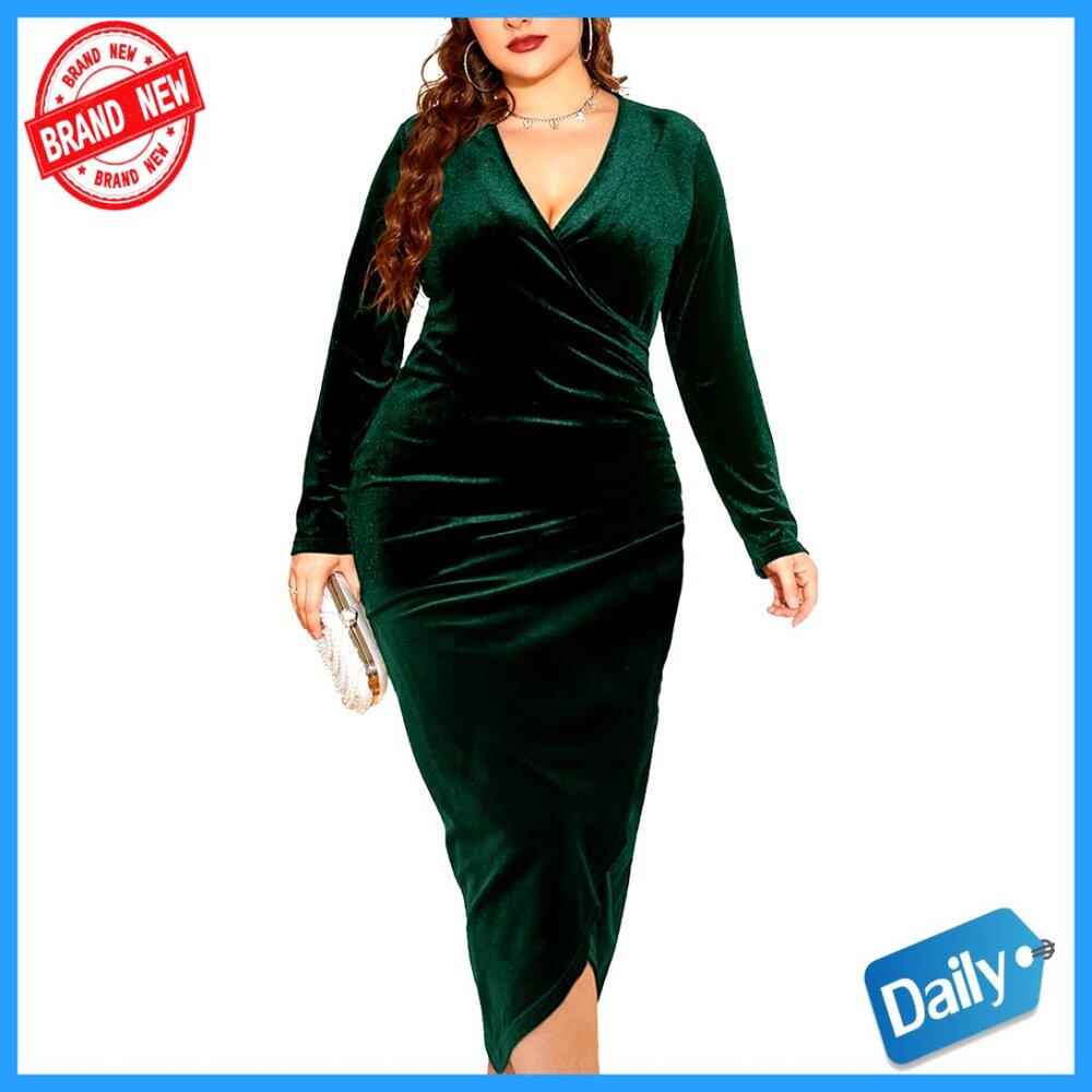 Velvet Bodycon Dress Long Sleeve Ruched Wrap Deep V Neck Party Cocktail